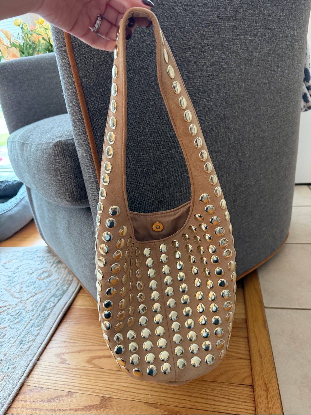 Studded Tan Shoulder Bag - Women